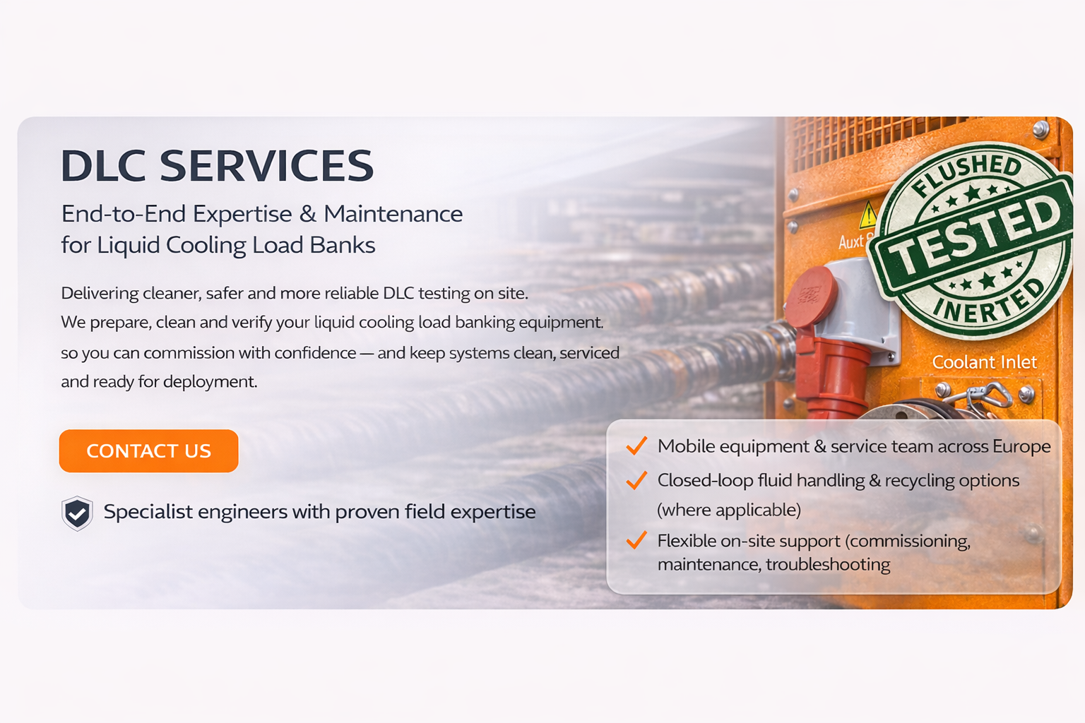 Rentaload DLC services for liquid cooling load banks – flushed, tested and inerted equipment